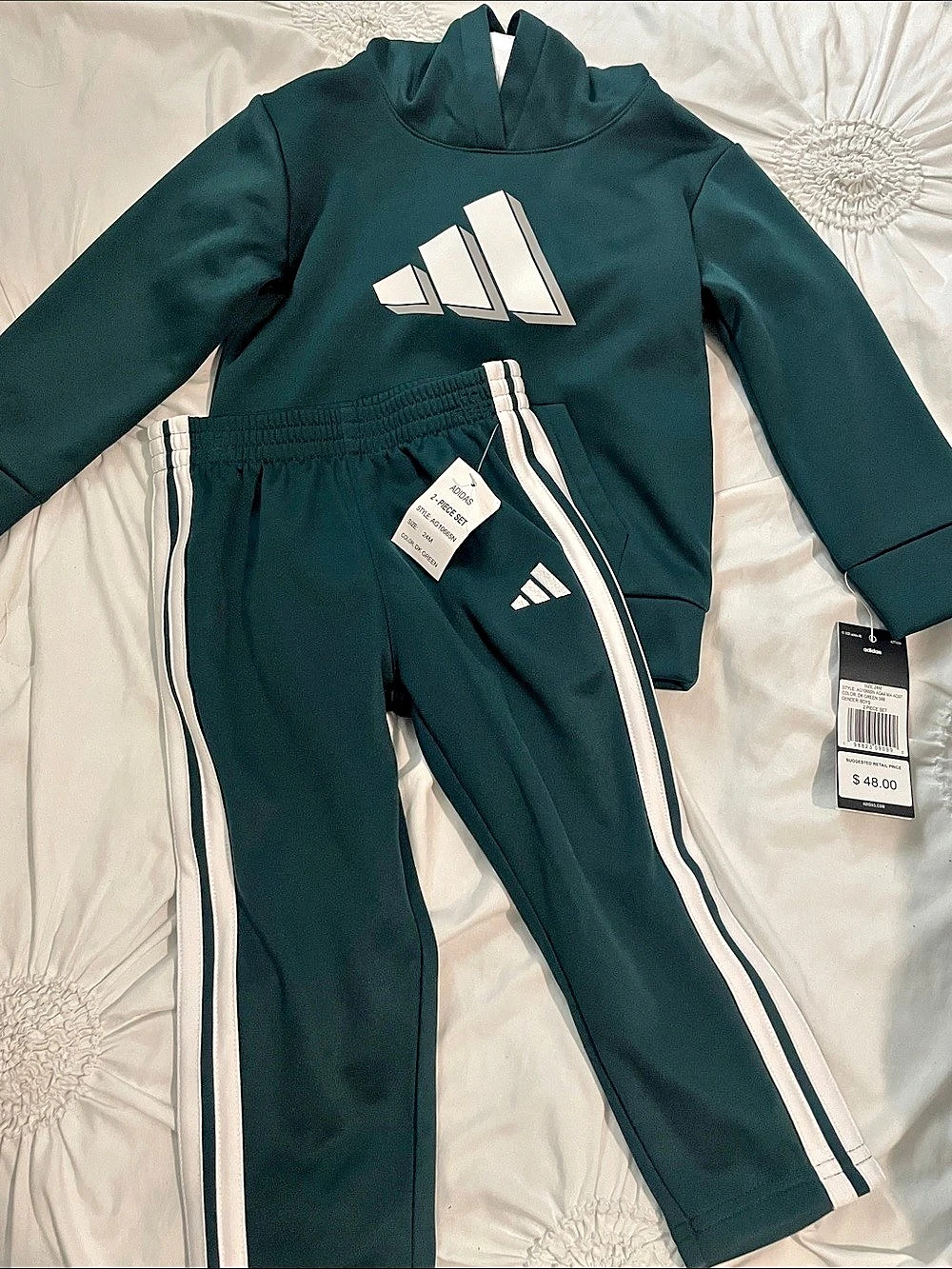 adidas Kids 3-Stripes Fleece Hoodie & Joggers Set Green & White 4T